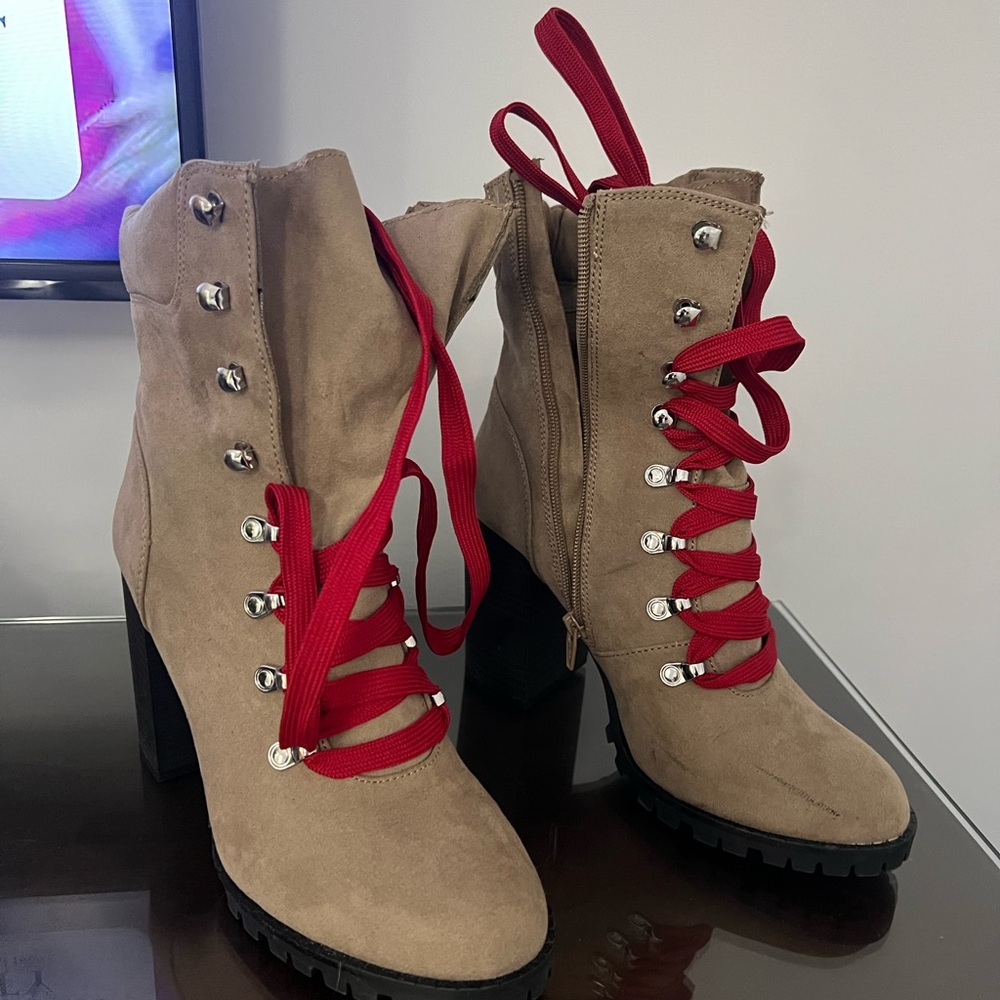Material Girl Tan Lace Up Boots with Red Accents